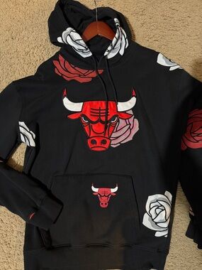 Black Crewneck Hoodie with Red Bull Head and Rose Graphics